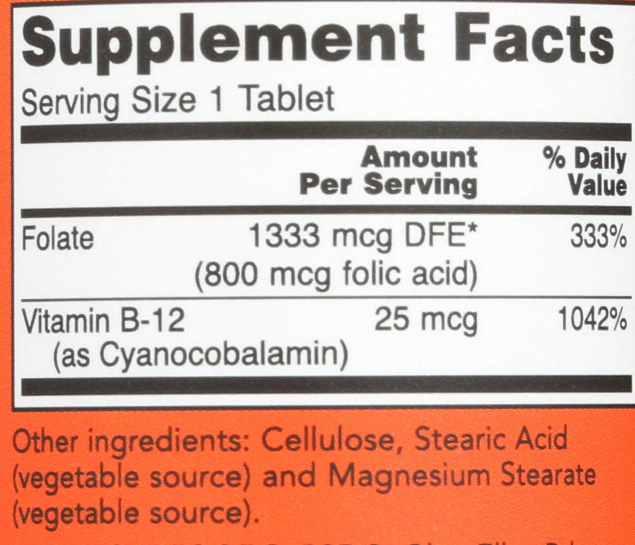 Folic Acid 800mcg + B-12 25mcg - Vegetarian 250 Tablets