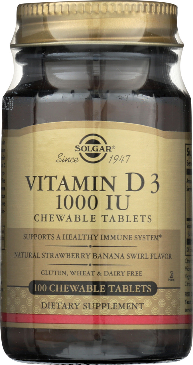 Vitamin D3 Cholecalciferol 1000 IU 100 Chewable Tablets - Natural Strawberry Banana Swirl Flavor