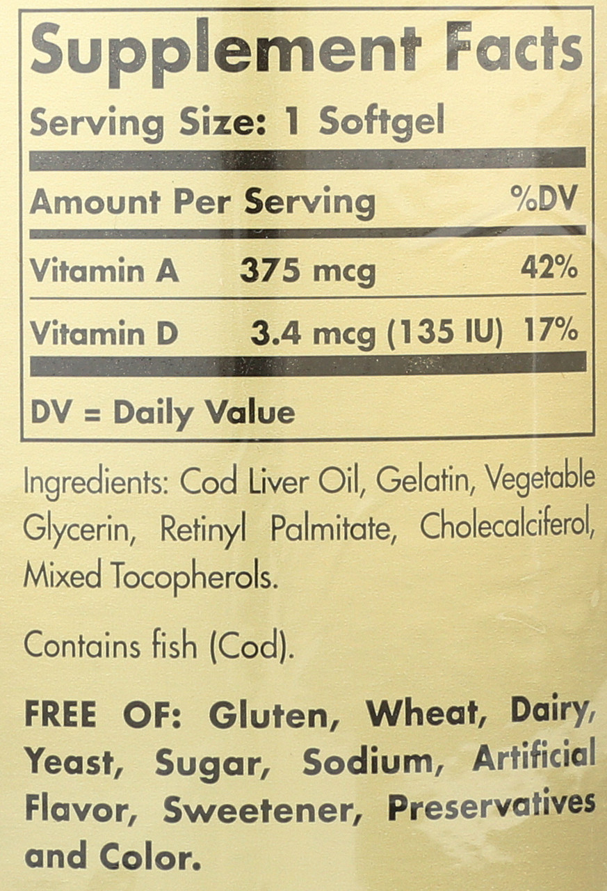 Cod Liver Oil 250 Softgels Vitamin A & D Supplement