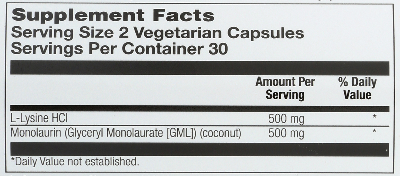 L-Lysine Monolaurin 1:1 Ratio 60 Vegetarian Capsules