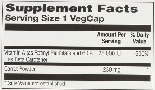 Vitamin A, Dry Form 25,0000 IU Beta Carotene & Retinyl Palmitate 60 Vegetarian Capsules