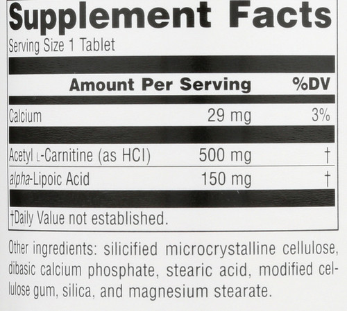 Acet L-Carn&Alpha Lipoic 120T Acetyl L-Carnitine & Alpha-Lipoic Acid 650 Mg 120 Count