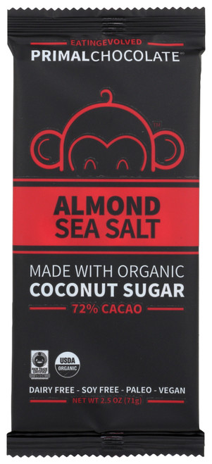 Primal Chocolate® Dark Chocolate Bar Almond Sea Salt 72% Dark Chocolate 2.5oz