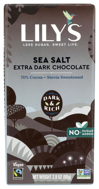 70% Extra Dark Chocolate Bar Sea Salt Stevia Sweetened 2.8oz