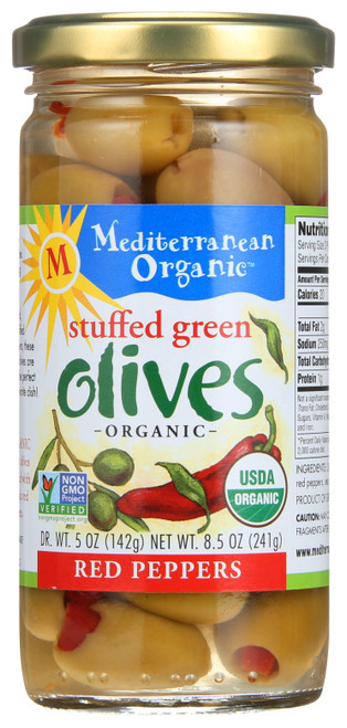 Organic Olives Green Stuffed With Red Peppers 8.5oz