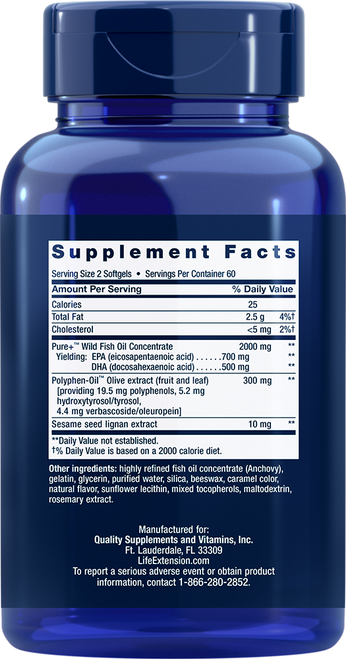 Super Omega-3 EPA/DHA Fish Oil Sesame Lignans & Olive Extract 120 softgels
