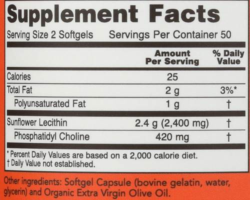 Sunflower Lecithin 1200 mg Soy-Free, Non-GMO - 100 Softgels