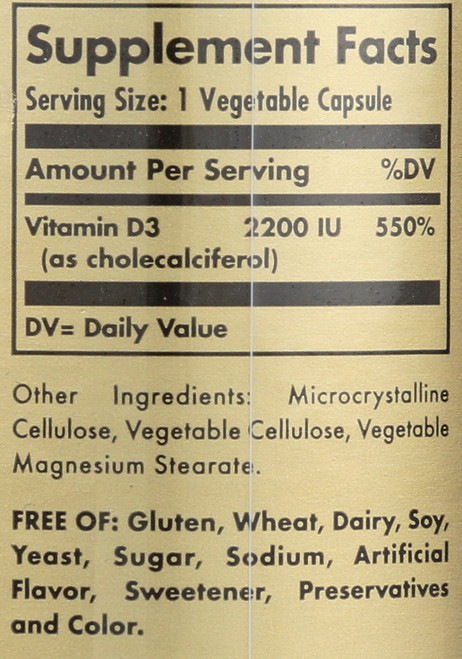 Vitamin D3 Cholecalciferol 2200 IU 50 Vegetable Capsules
