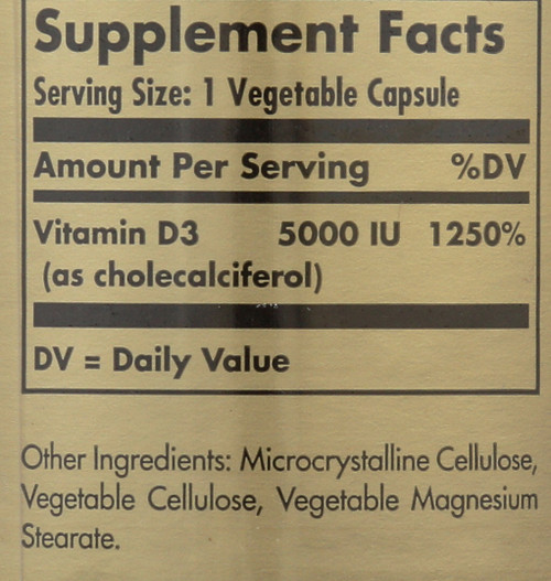 Vitamin D3 Cholecalciferol 5000 IU 120 Vegetable Capsules