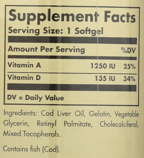 Cod Liver Oil 100 Softgels Vitamin A & D Supplement