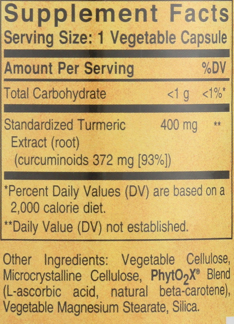 Standardized Turmeric Root Extract 60 Vegetable Capsules