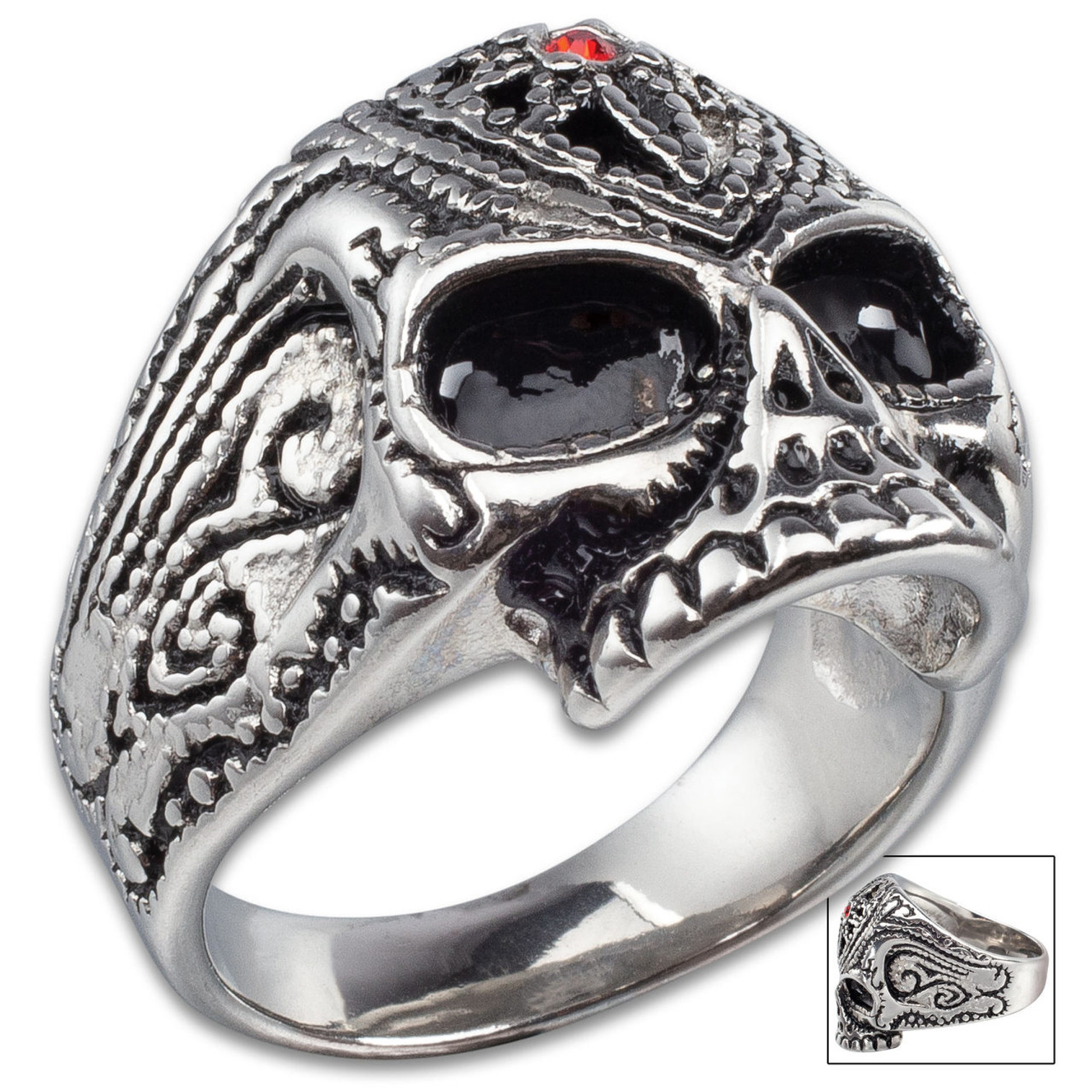 Skull Stainless Steel Ring w/Faux Ruby