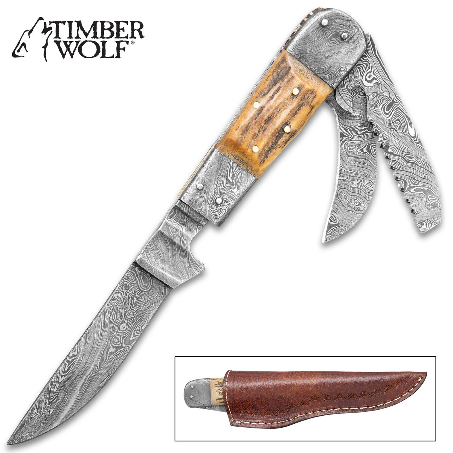 Timber Wolf Woodsman Fixed And Folding Blade Knife w/Sheath