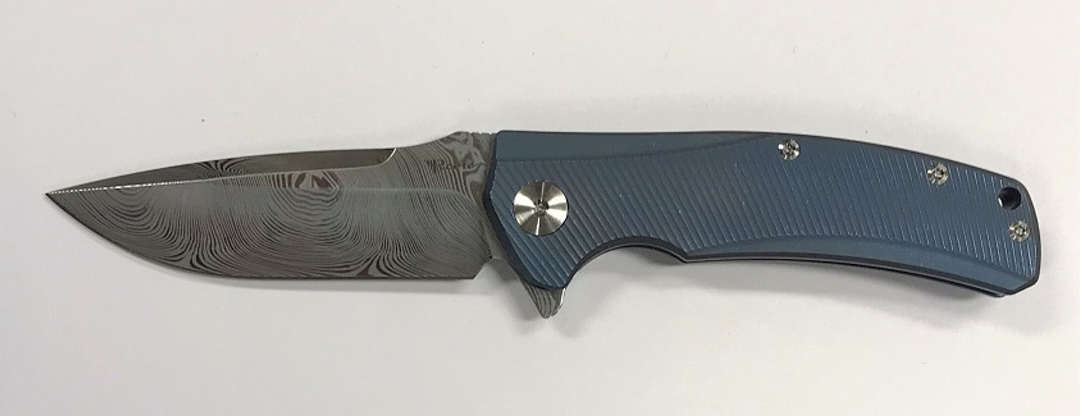 Reate Mini Horizon-D Damascus - Blue Milled Handle