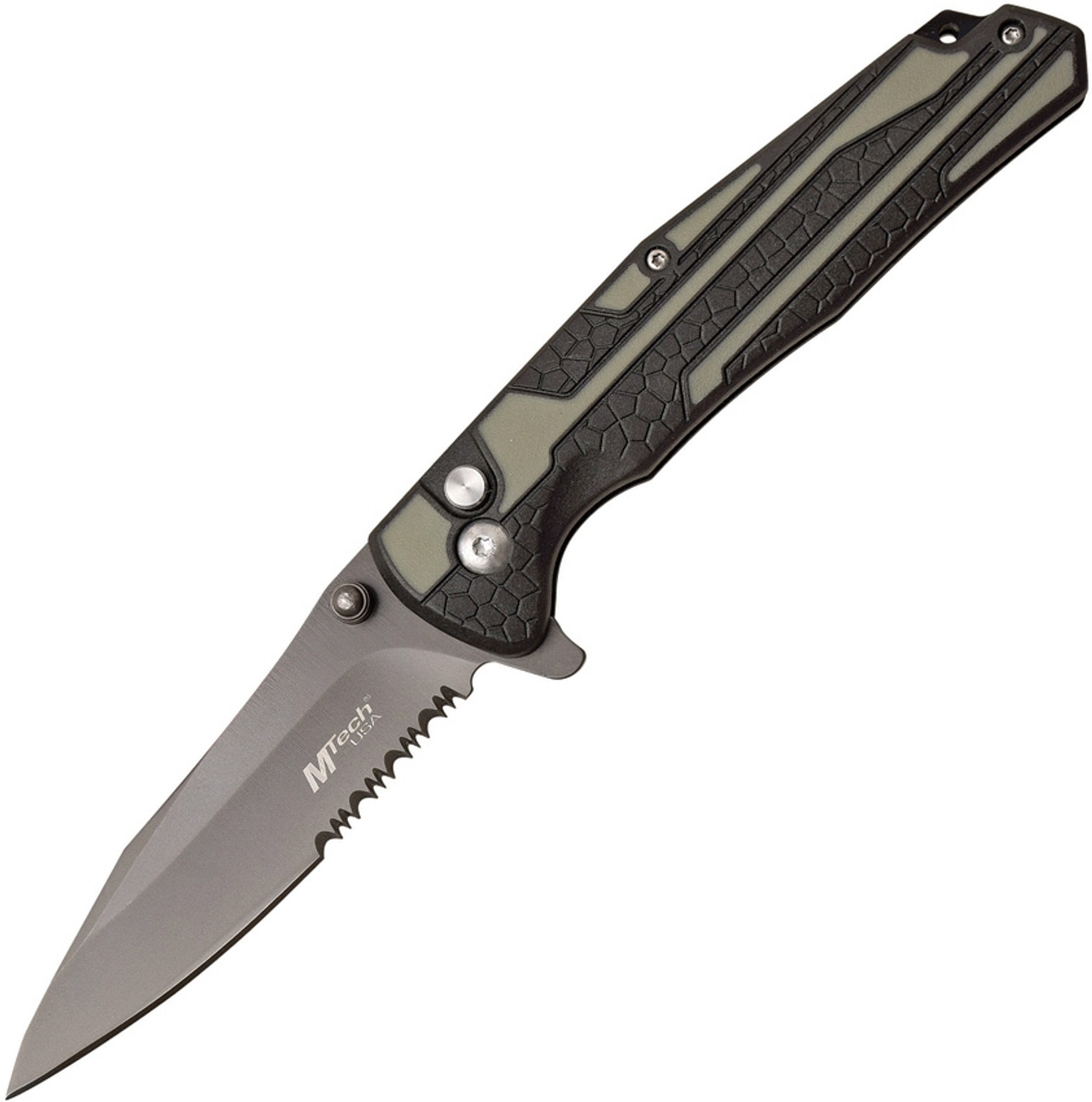 MTech 4.75″ Manual Folder – Serrated – GRY/BLK Handle