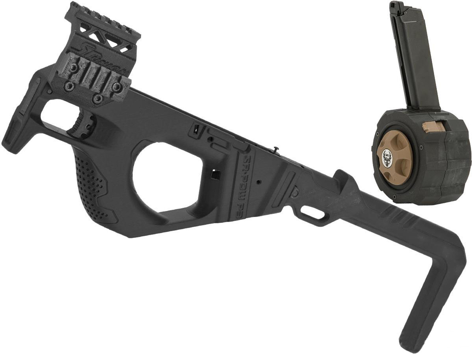 SRU 3D Printed PDW Carbine Kit for G Series Gas Blowback Airsoft Pistols (Color: Black w/ Drum Mag)