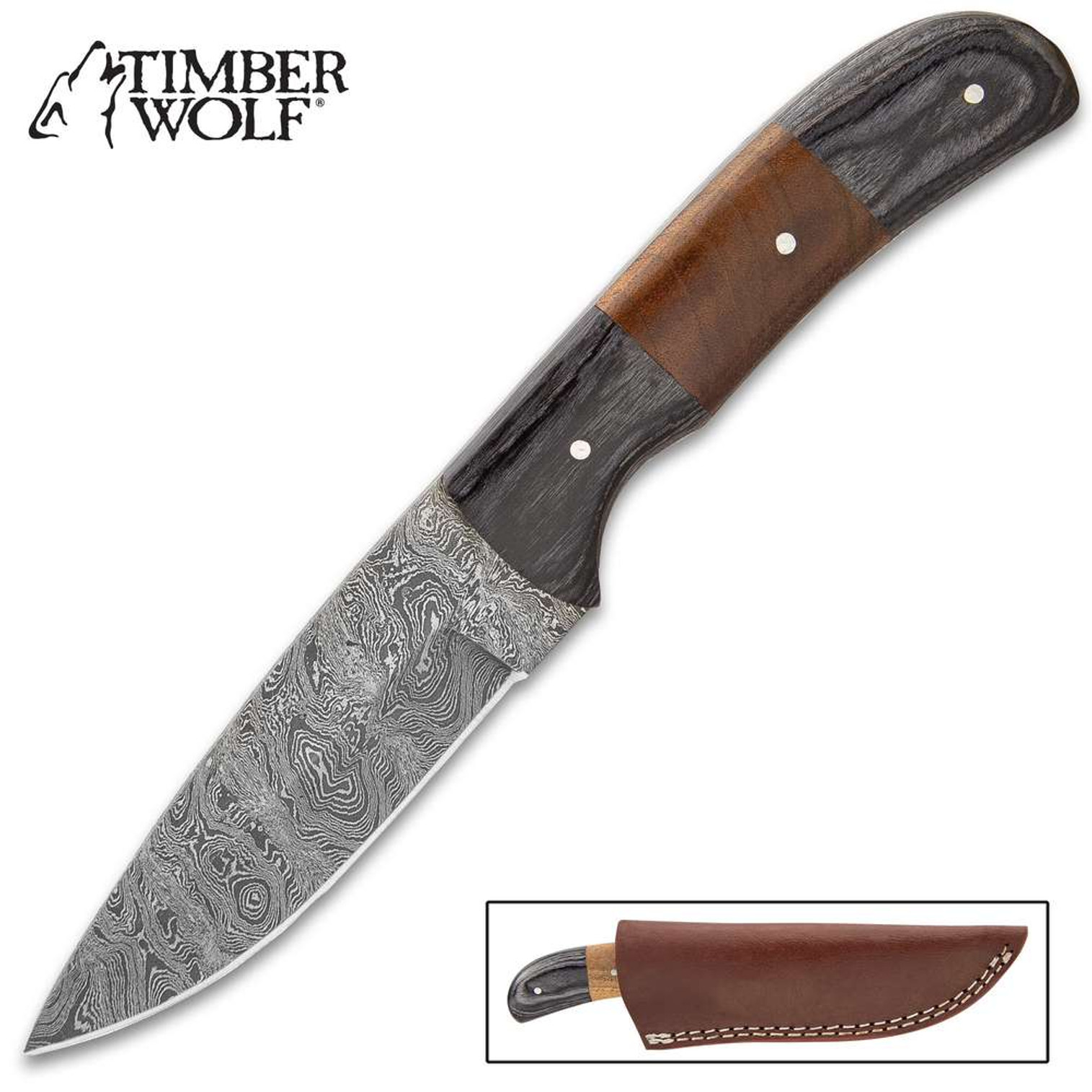 Timber Wolf Boar Hunter Knife w/Sheath - Damascus