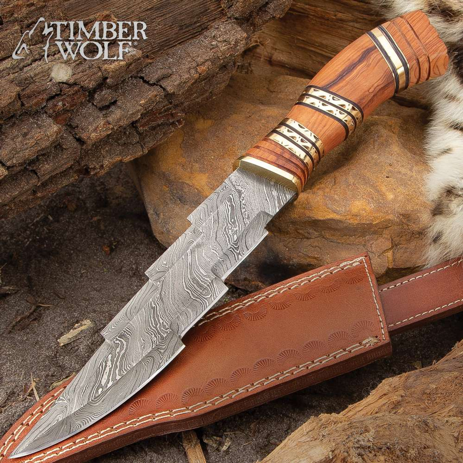 Timber Wolf Lightning Striker Knife With Sheath - Damascus