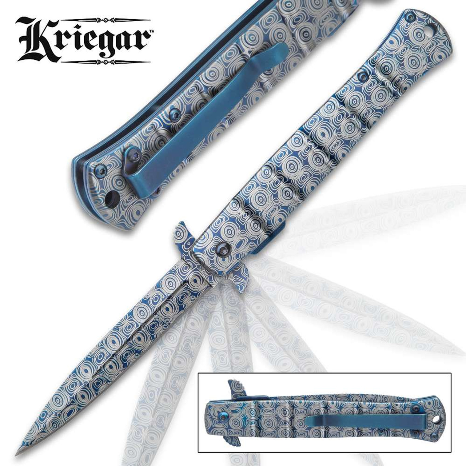 Kriegar Blue DamascTec Stiletto Pocket Knife