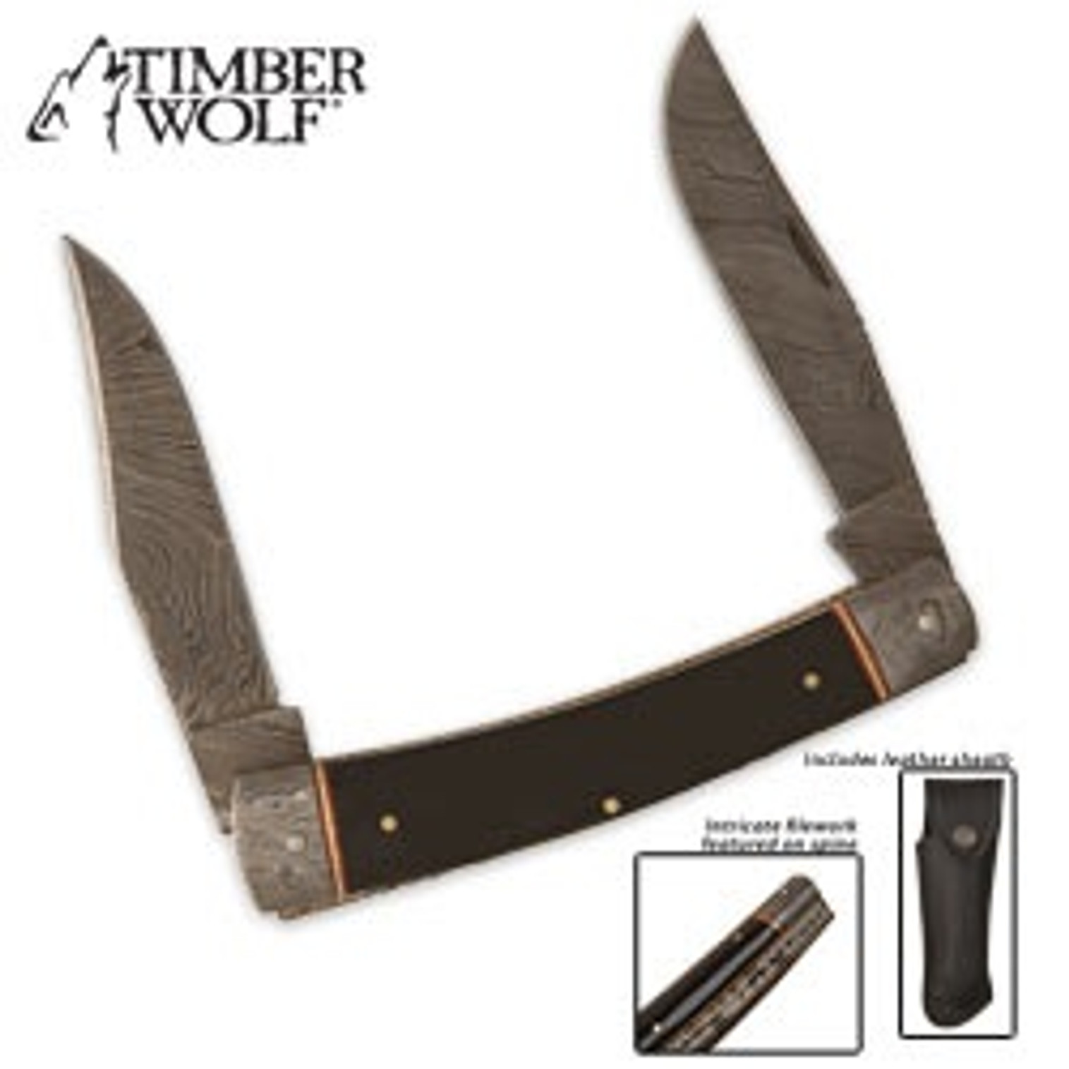 Timber Wolf Damascus Trapper w/Leather Sheath