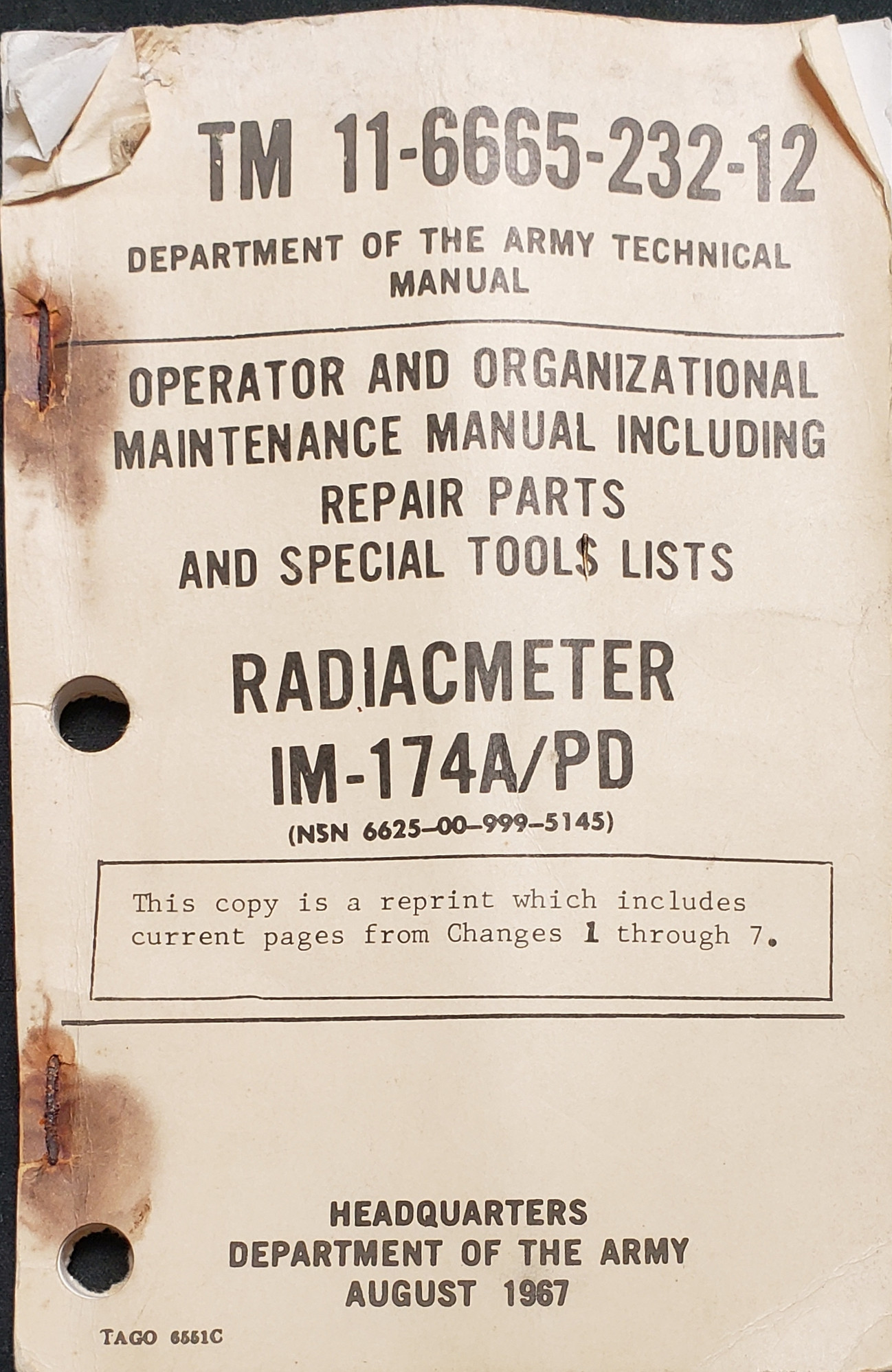 US Armed Forces Field Manual - Operator and Org. Maintenance Manual for Radiacmeter IM-174A (1967)