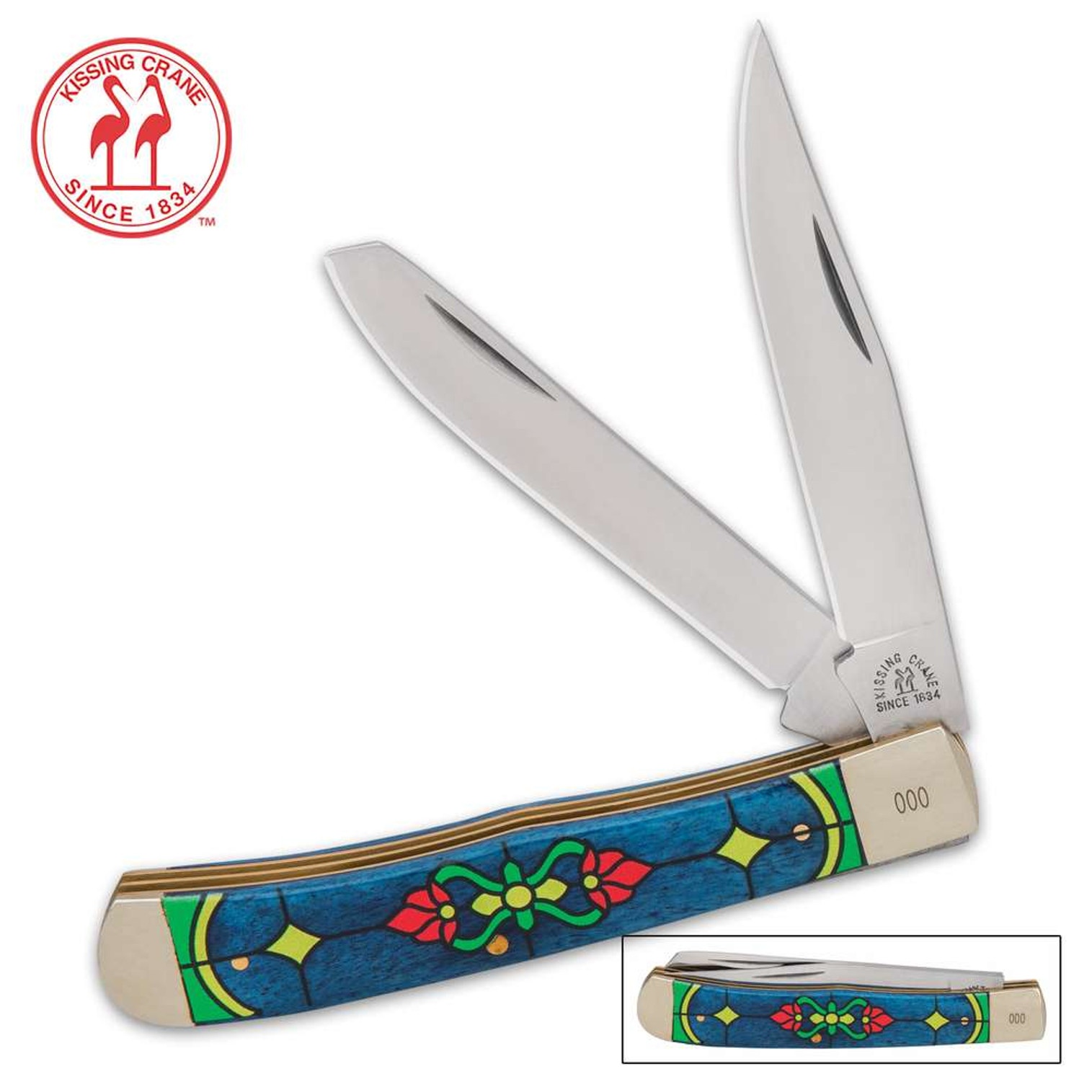 Kissing Crane Sapphire Stained Glass Trapper Knife