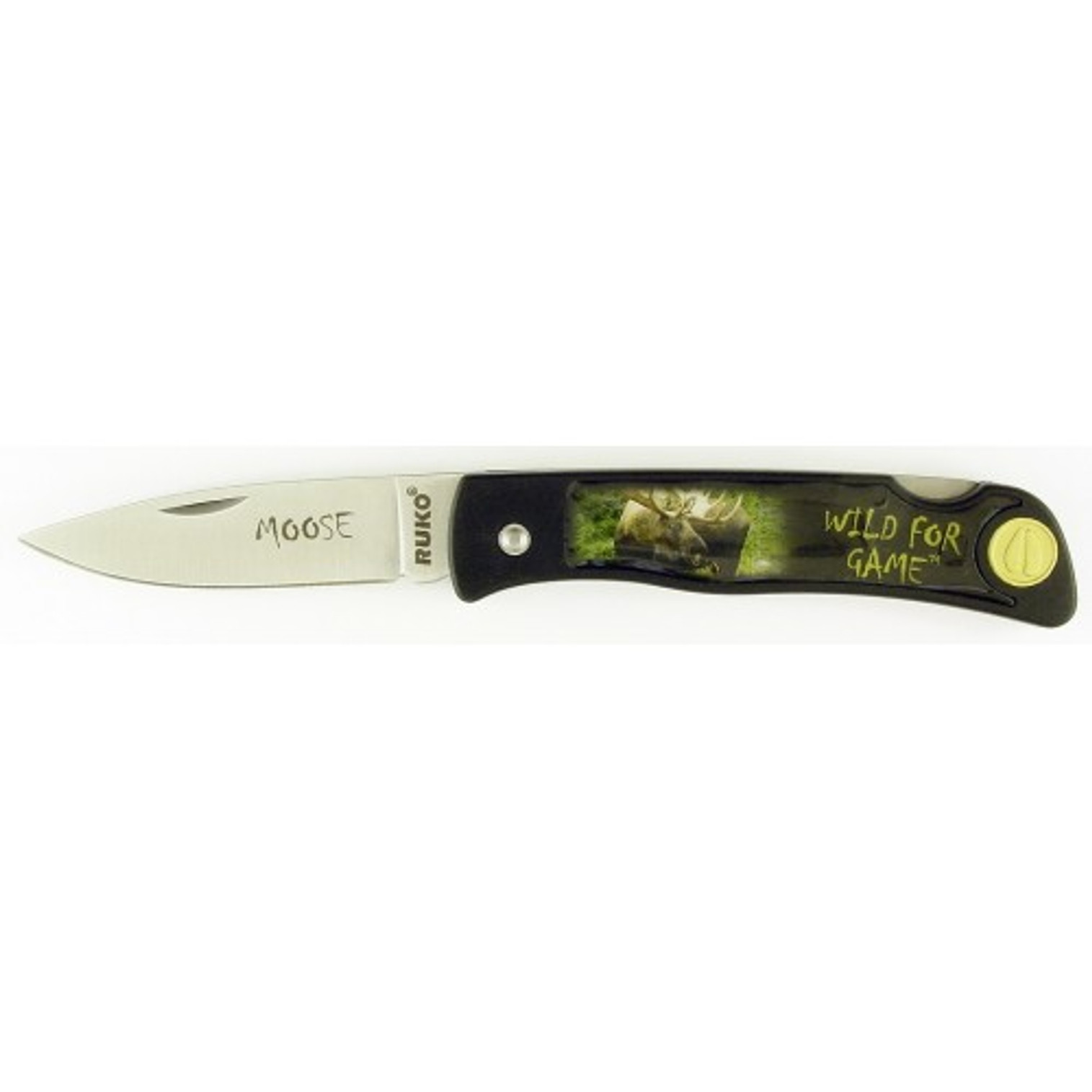 RUKO RUK0130MO, 420A, 2-1/2" Folding Blade Knife, Moose Image on Nylon Handle, boxed