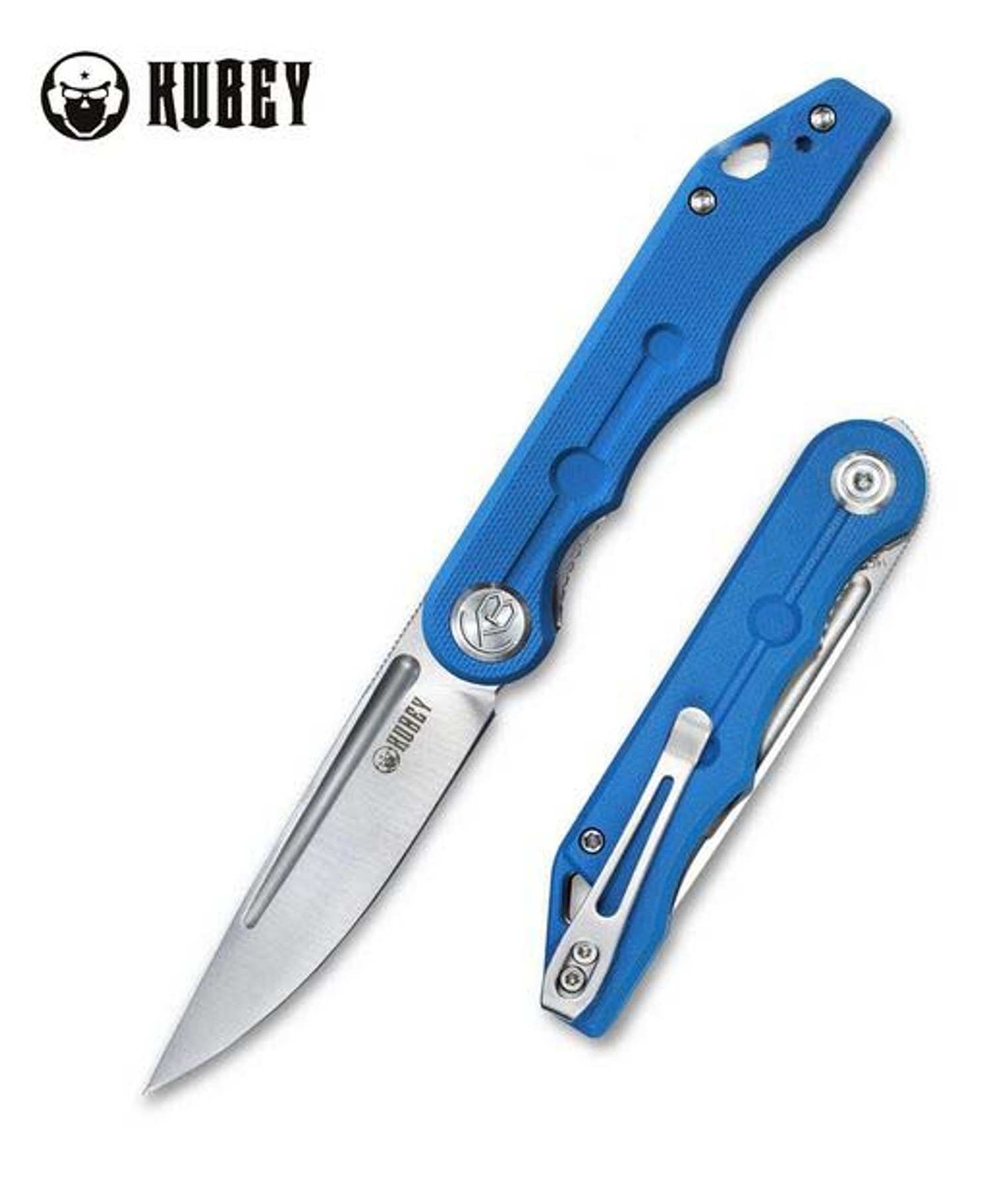 Kubey Mizo Flipper Folding Knife, 14C28N Satin, G10 Blue, KU2101B