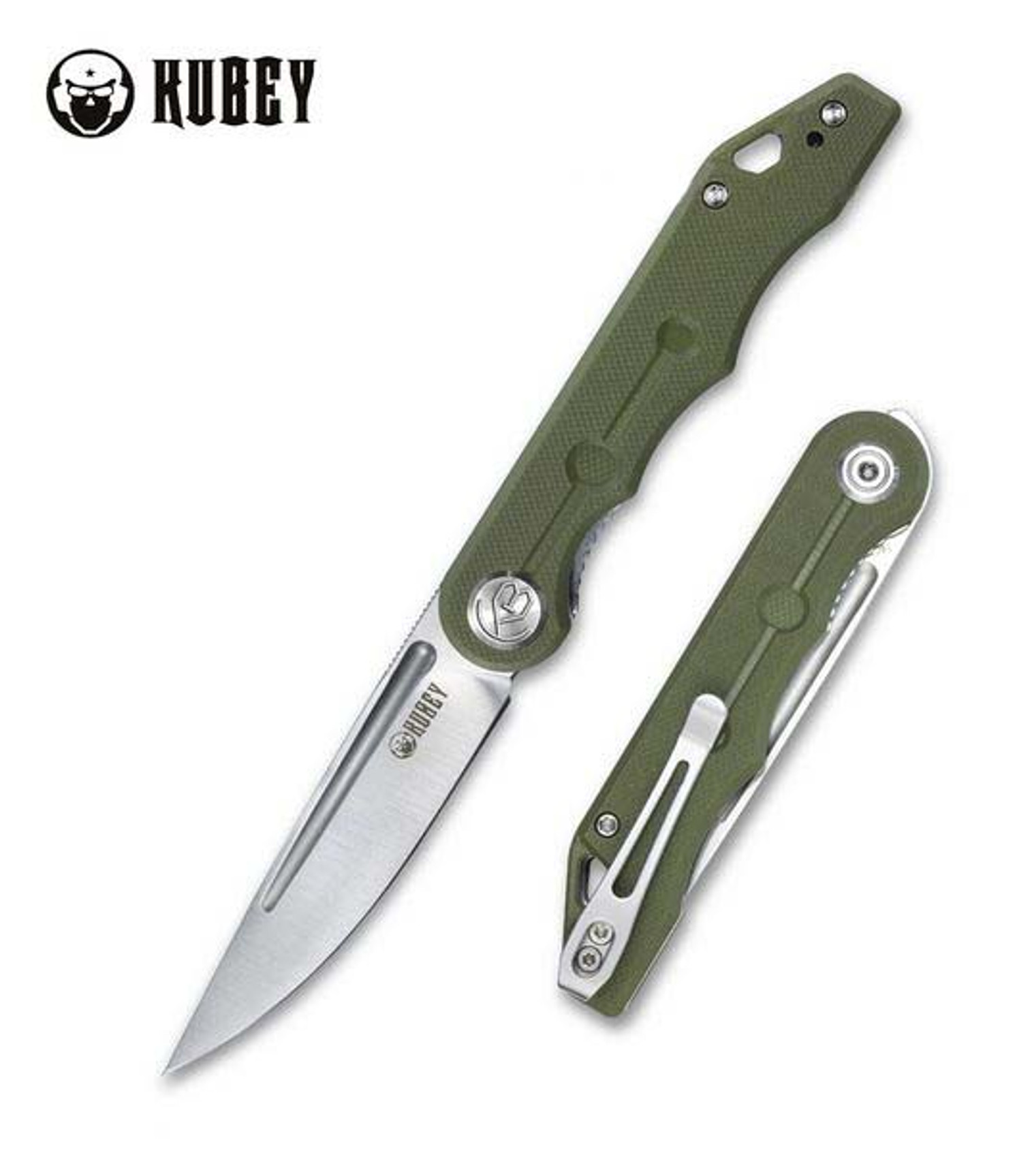 Kubey Mizo Flipper Folding Knife, 14C28N Satin, G10 Green, KU2101D