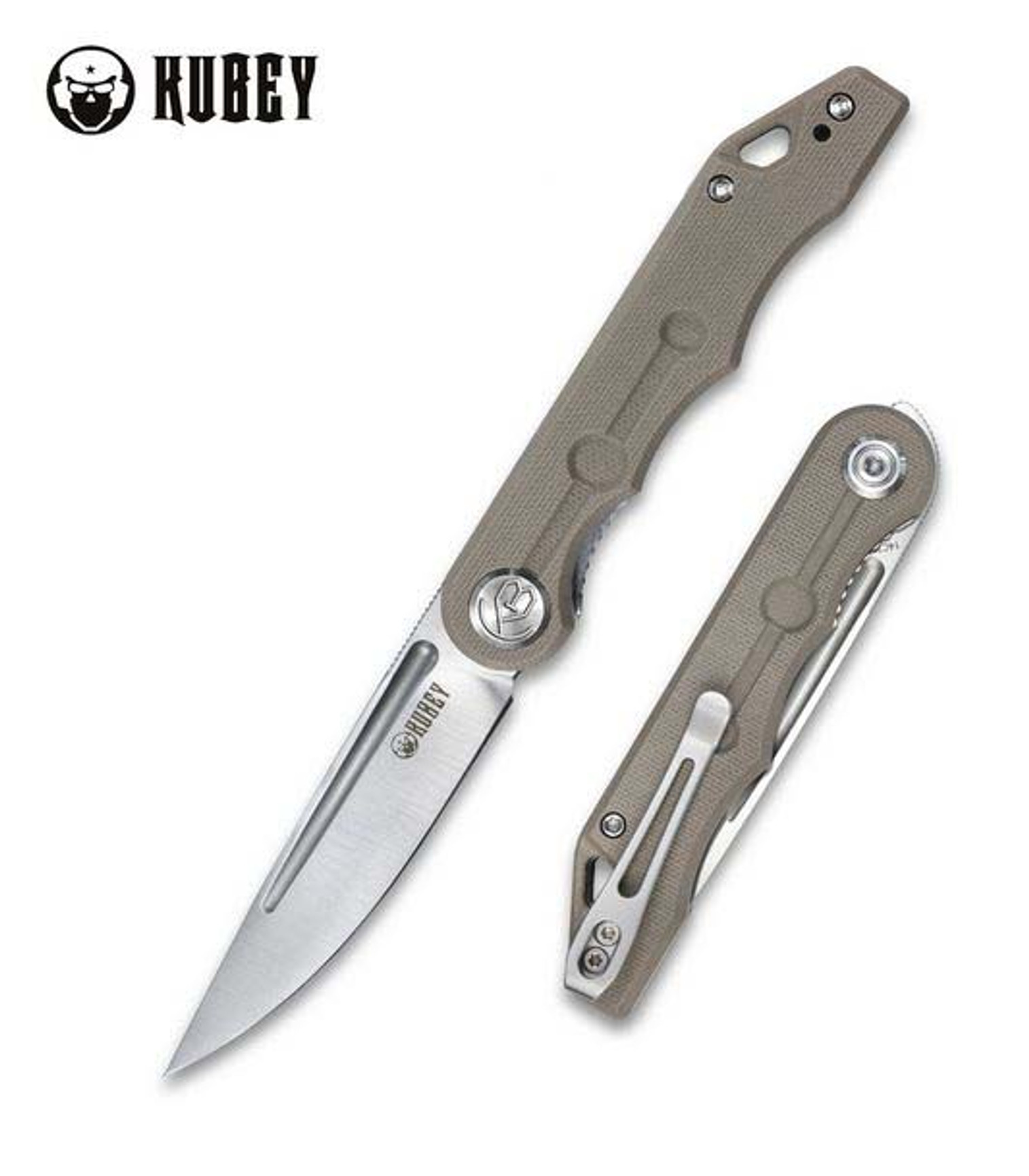 Kubey Mizo Flipper Folding Knife, 14C28N Satin, G10 Tan, KU2101E