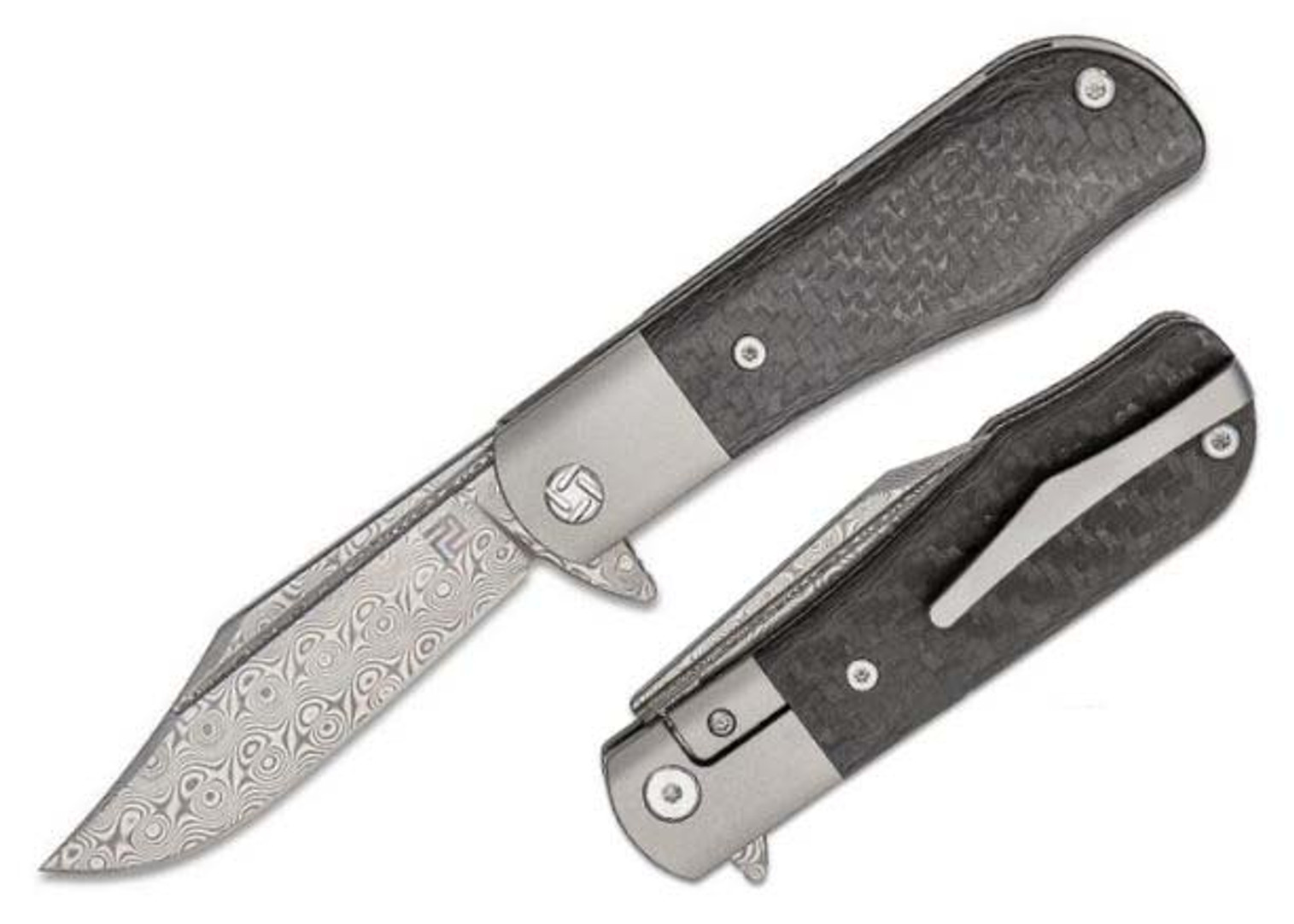 Artisan Cutlery Small Hyperion Flipper Folding Knife, Damascus, Carbon Fiber/Titanium, ATZ1834GSDGY