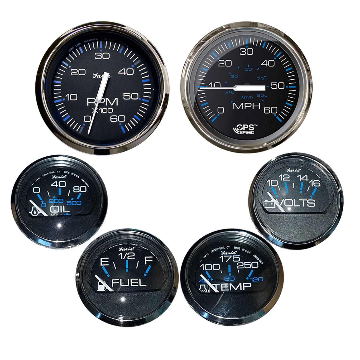 Faria Chesapeake Black w/Stainless Steel Bezel Boxed Set of 6 - Speed, Tach, Fuel Level, Voltmeter, Water Temperature & Oil PSI - Inboard Motors