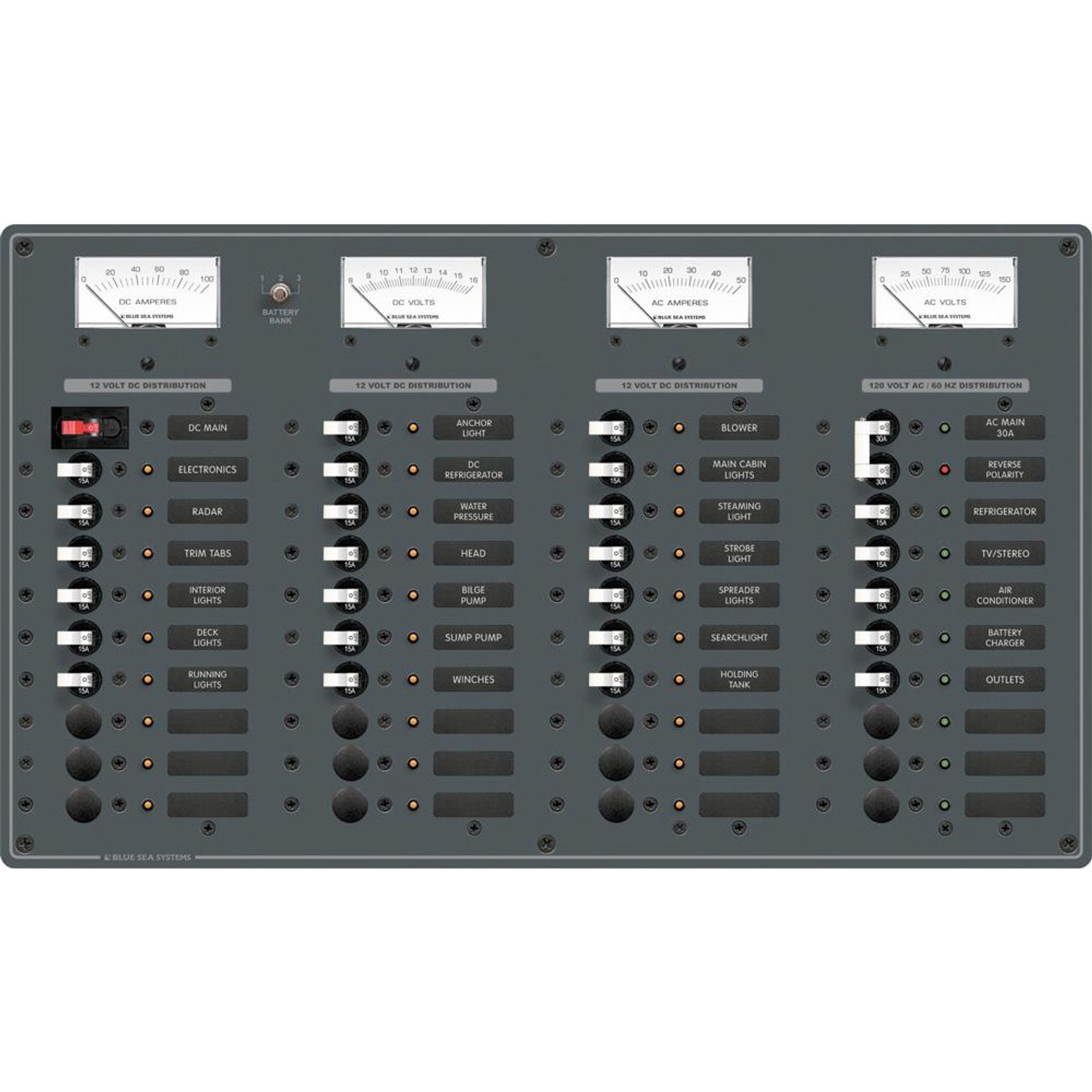 Blue Sea 8095 AC Main +8 Positions / DC Main +29 Positions Toggle Circuit Breaker Panel   (White Switches)