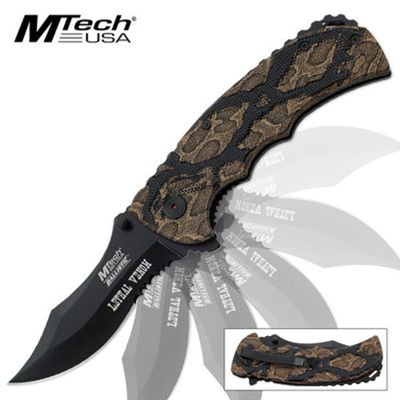MTech Ballistic Lethal Venom Assisted Open Pocket Knife Snake Skin Camo - Brown