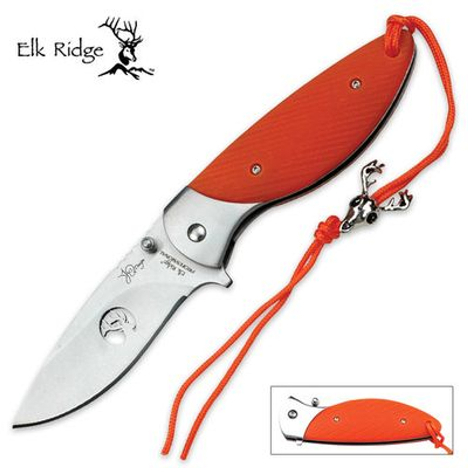 Elk Ridge Professional Drop Point Folding Pocket Knife w/ Lanyard - Orange