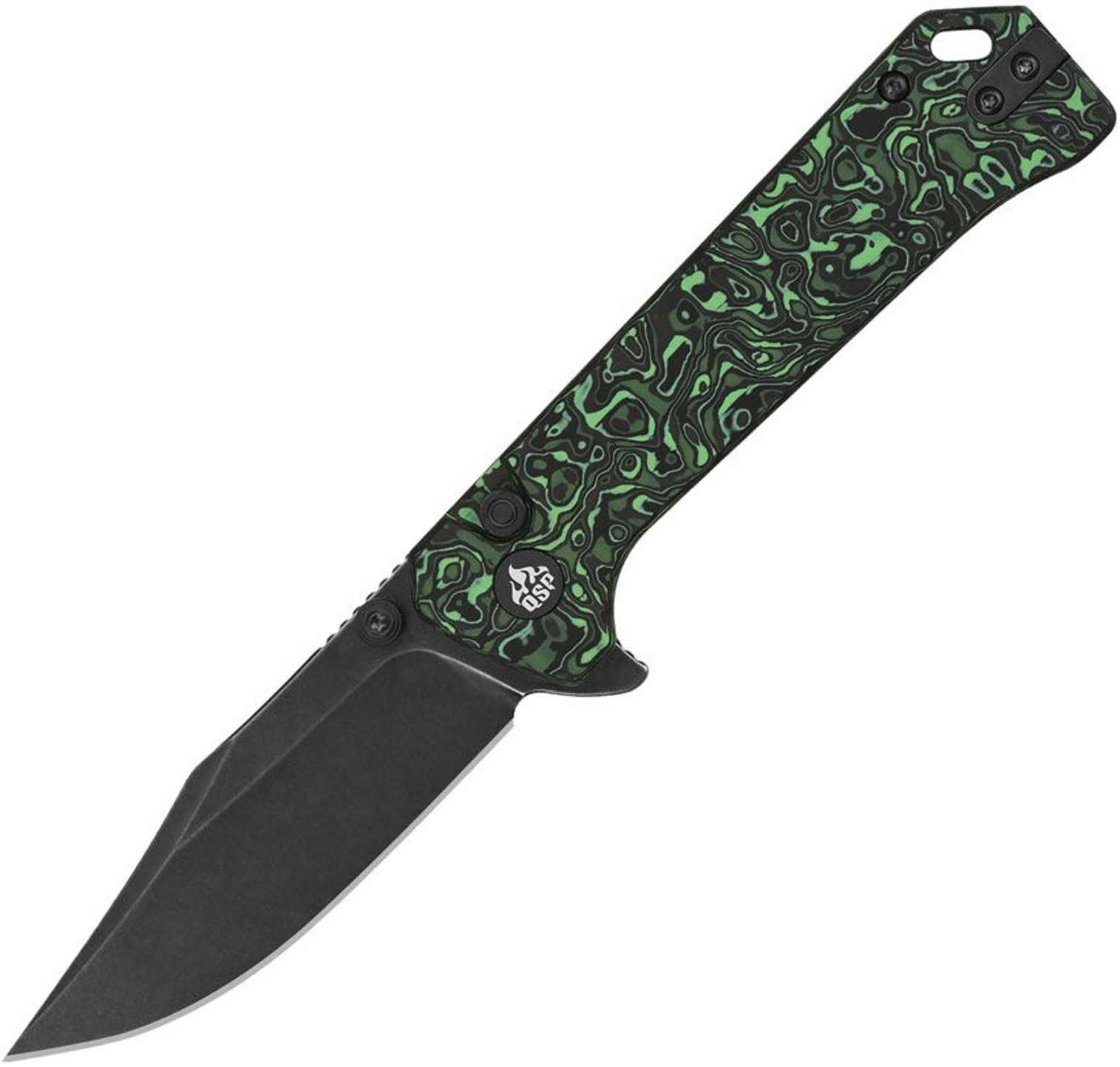 QSP Knife Grebe Button Lock Green CF 