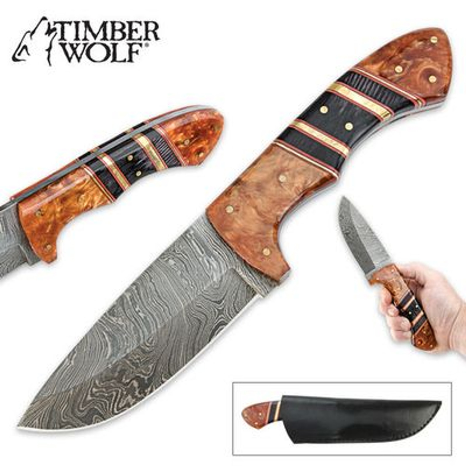 Timber Wolf Custom Stripes Damascus Fixed Blade Hunting Knife