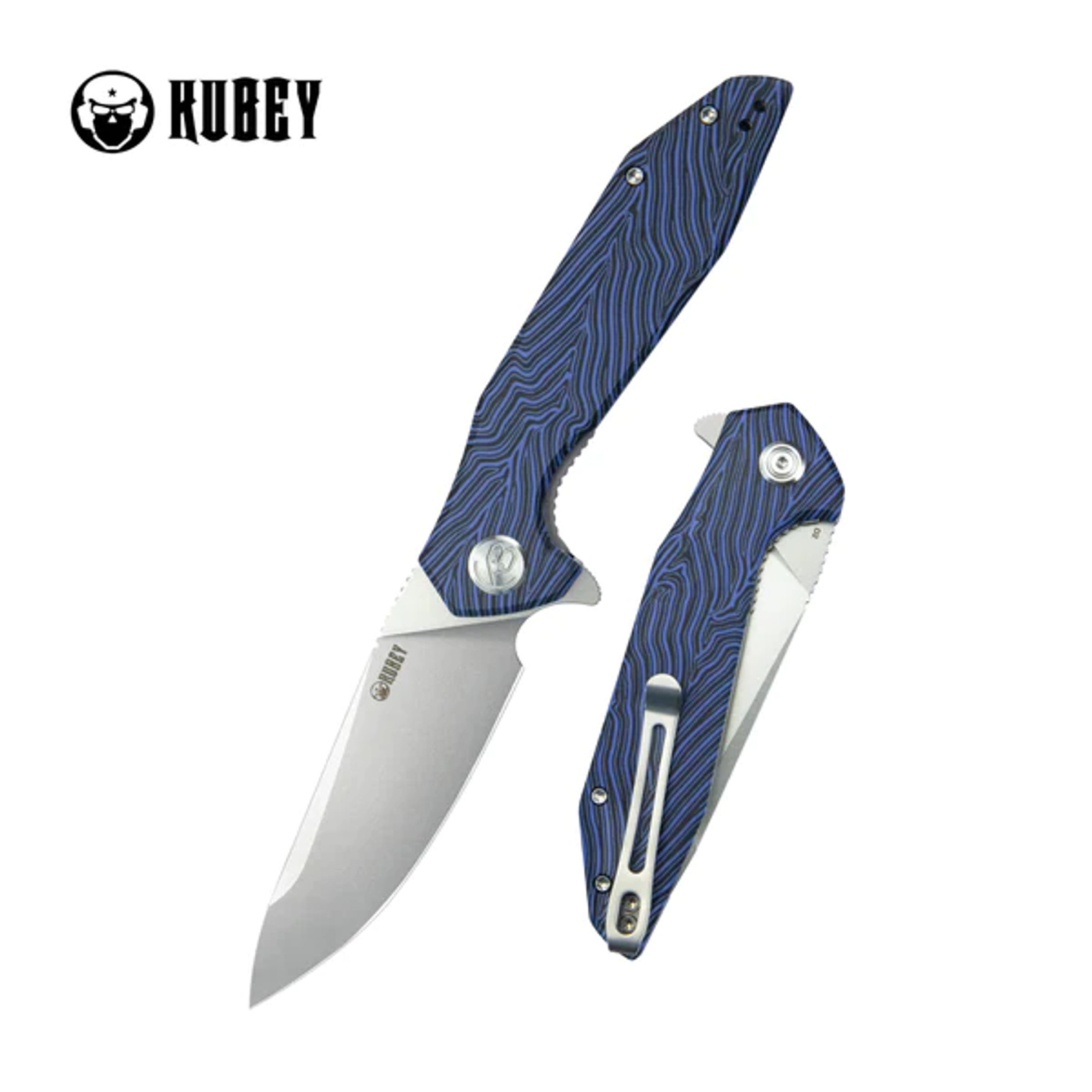 Kubey Nova Flipper Folding Knife D2 Steel G10 Blue/Black Damascus