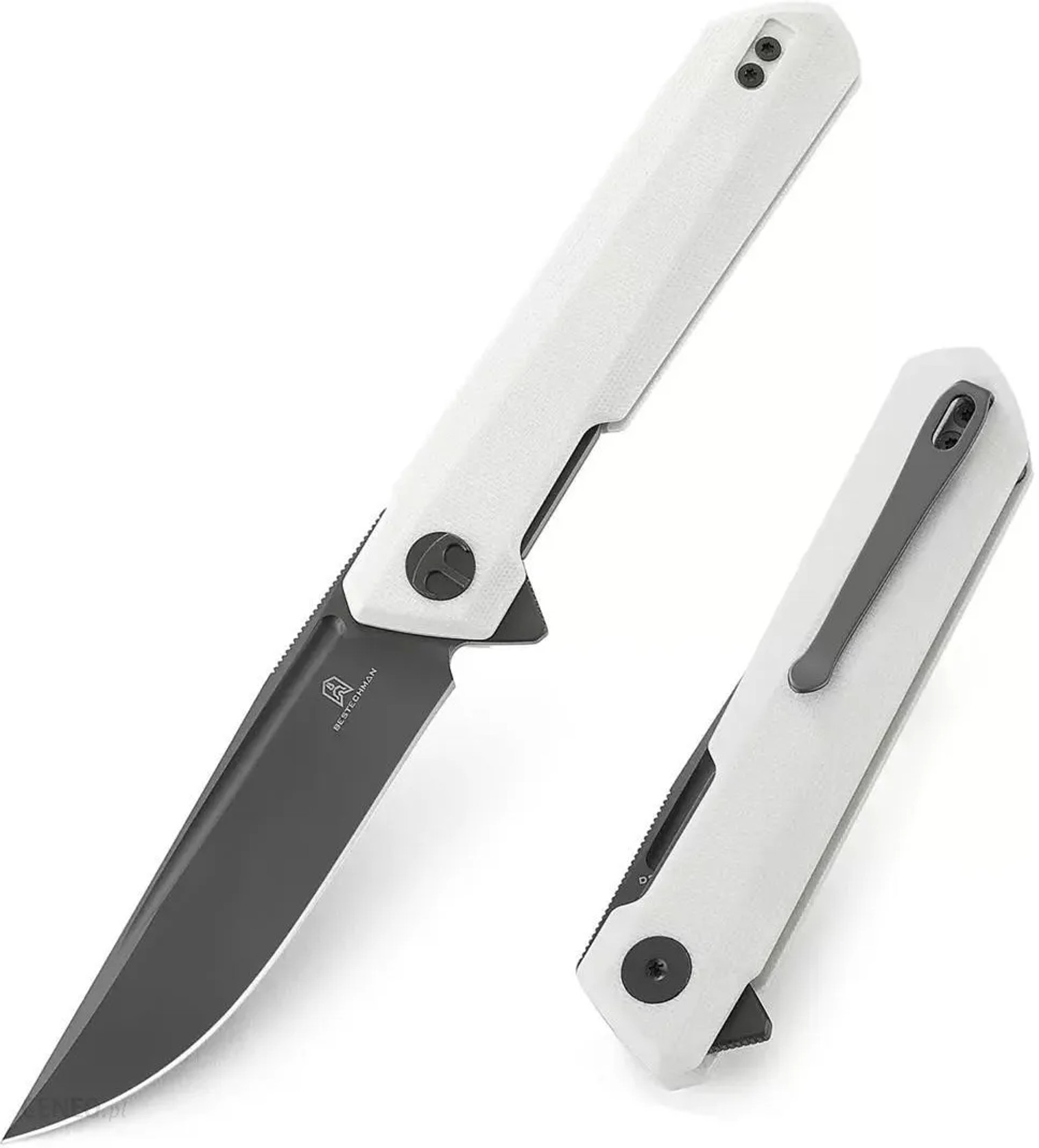 Bestechman Dundee Flipper Folding Knife D2 Satin/Titanized G10 White