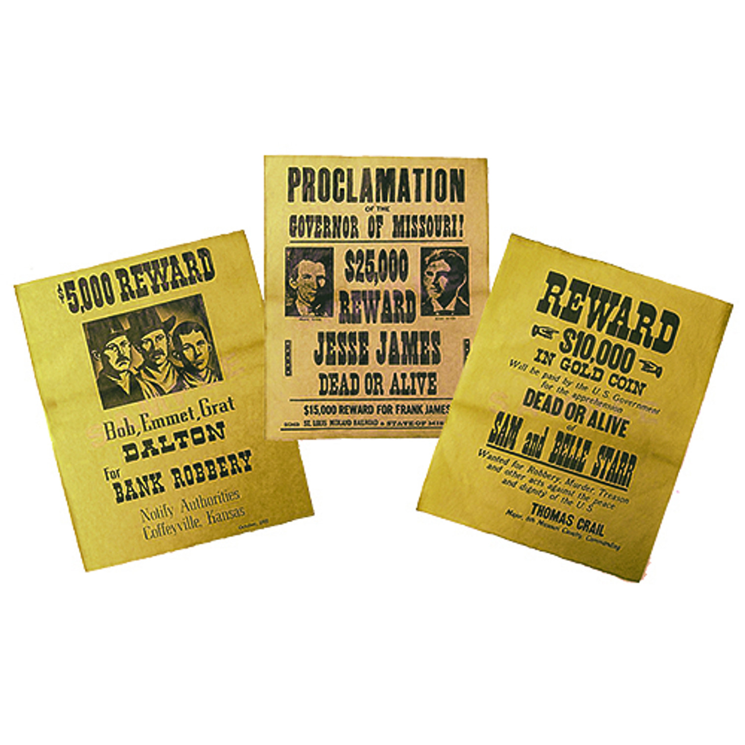 Replica Wanted Poster Set Dalton Gang, James Brothers, Sam & Belle Starr