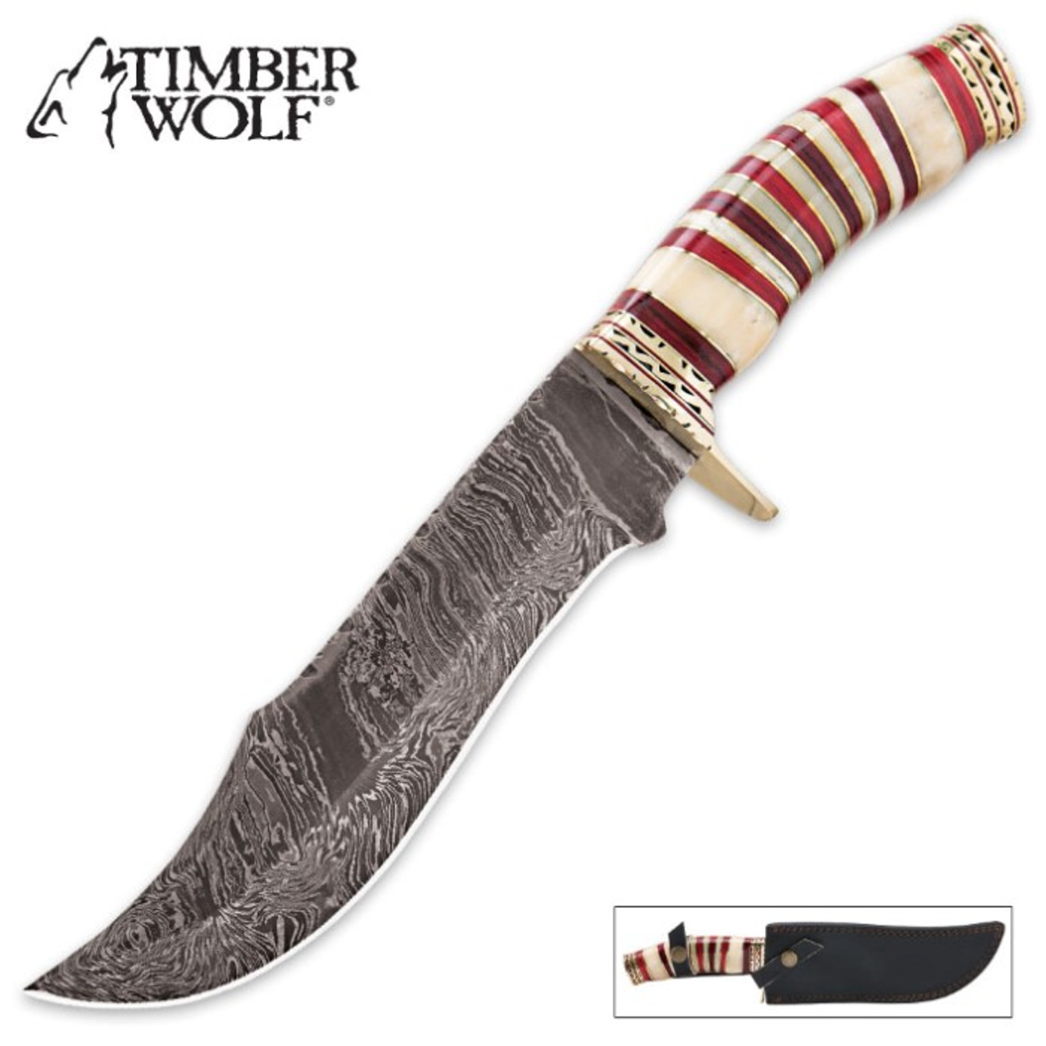 Timber Wolf Crimson Sands Damascus Bowie Genuine Bone Fixed Blade Knife