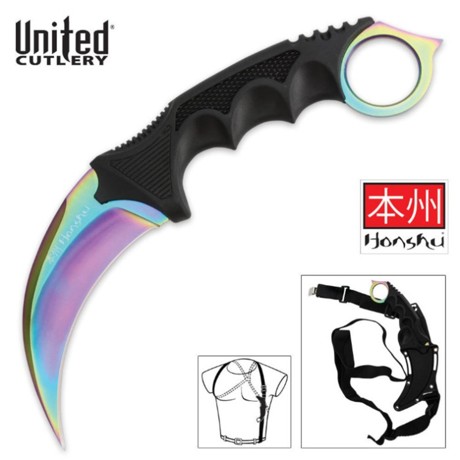 United Cutlery Titanium Rainbow Honshu Karambit w/Shoulder Harness