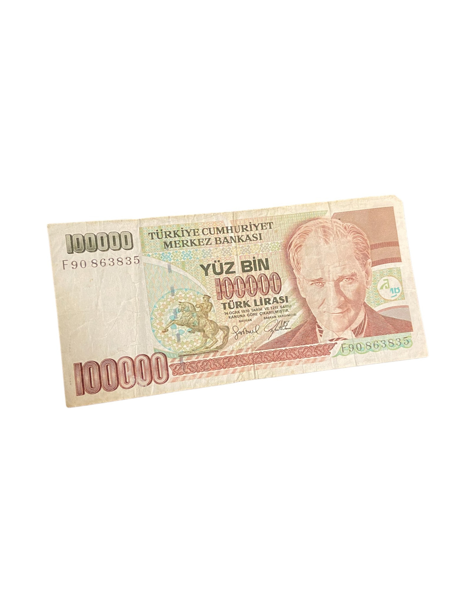 Vintage Old Turkish 100000 Lira 1970 Banknote