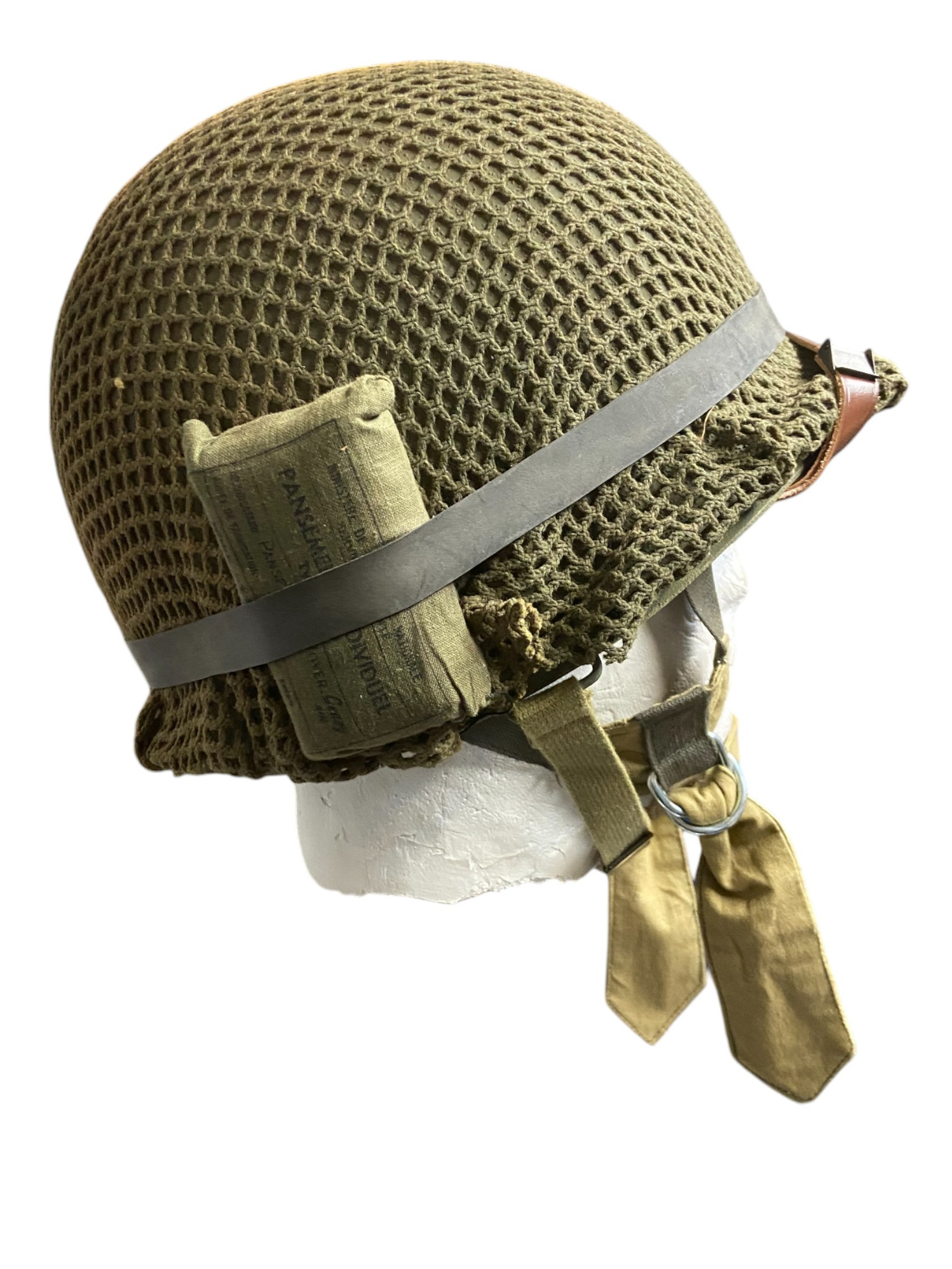Custom Made/Reproduction French Indochina Paratrooper M1 Helmet W/ Shrimp Net Cover & Bandage