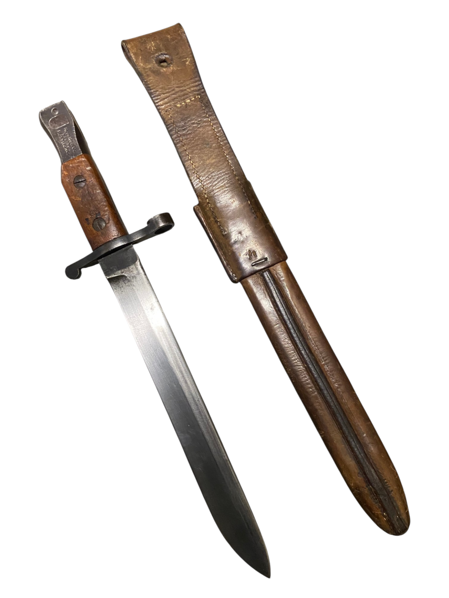 Pre WW1 Canadian Army Ross Rifle Bayonet W/ Leather Scabbard - Dated 1910