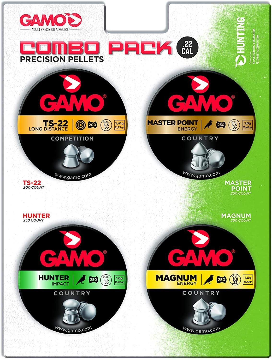 Combo Pack 1000 Assorted .22 Cal Pellets (Ts-22, Magnum, Hun