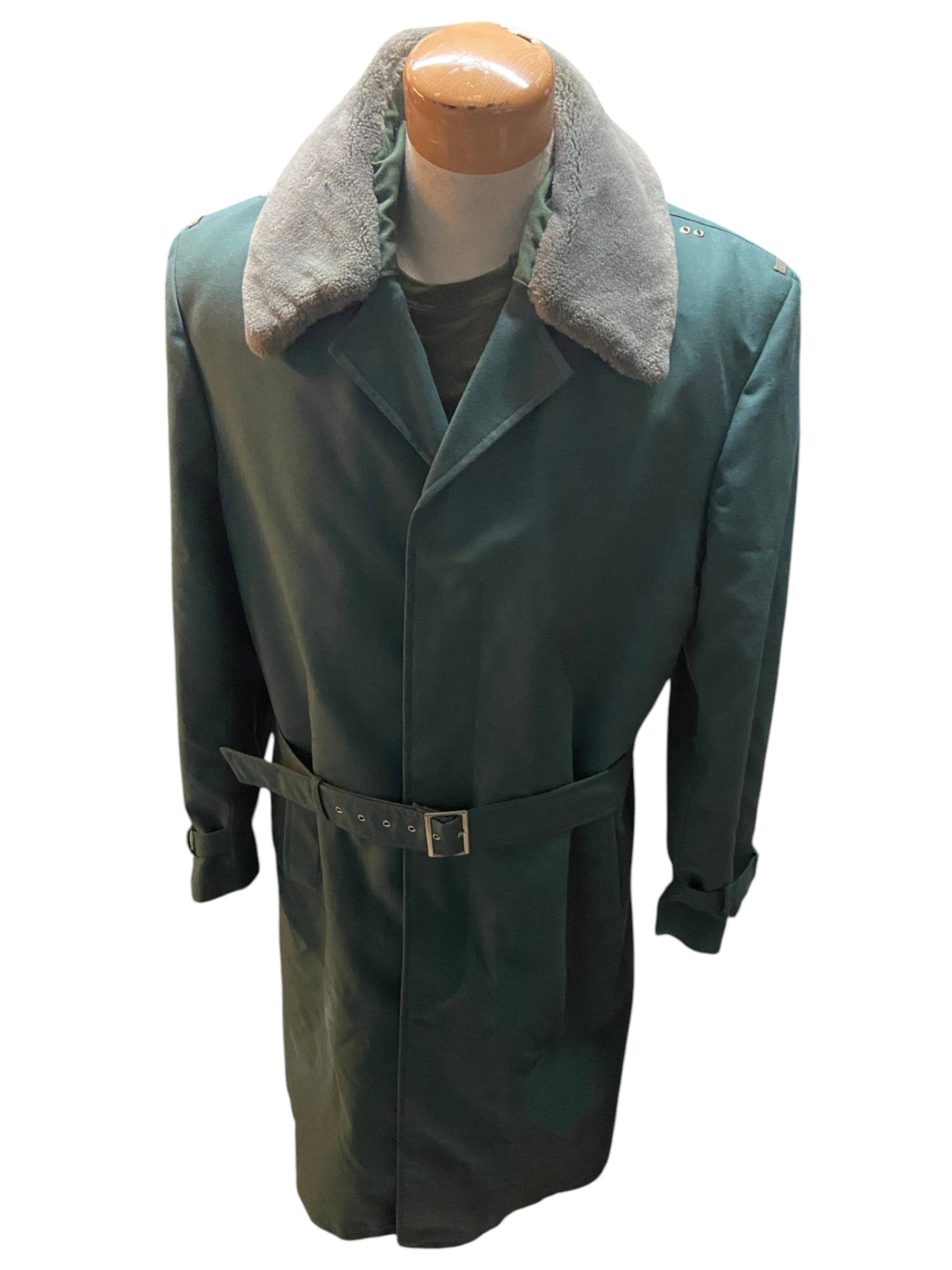 East German Volkspolizei Lined Overcoat W/ Waist Belt & Faux Fur Collar