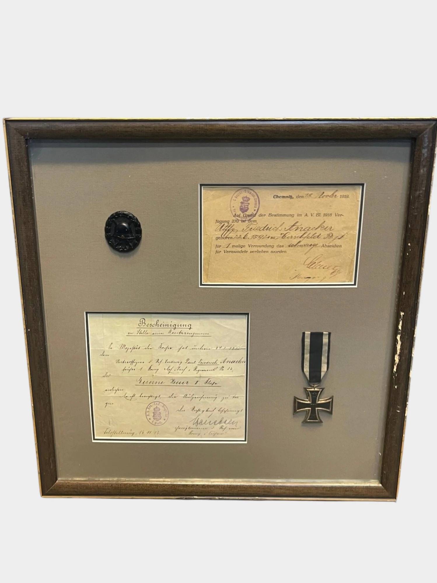 WW1 Framed German Iron cross and wound badge with certificate