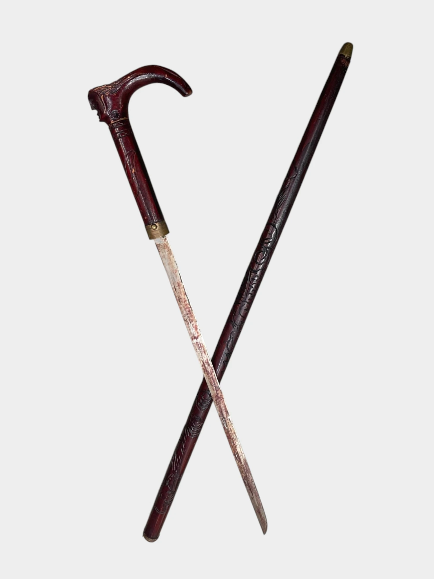 Antique Wood carved Indian Head sword walking stick 38"
