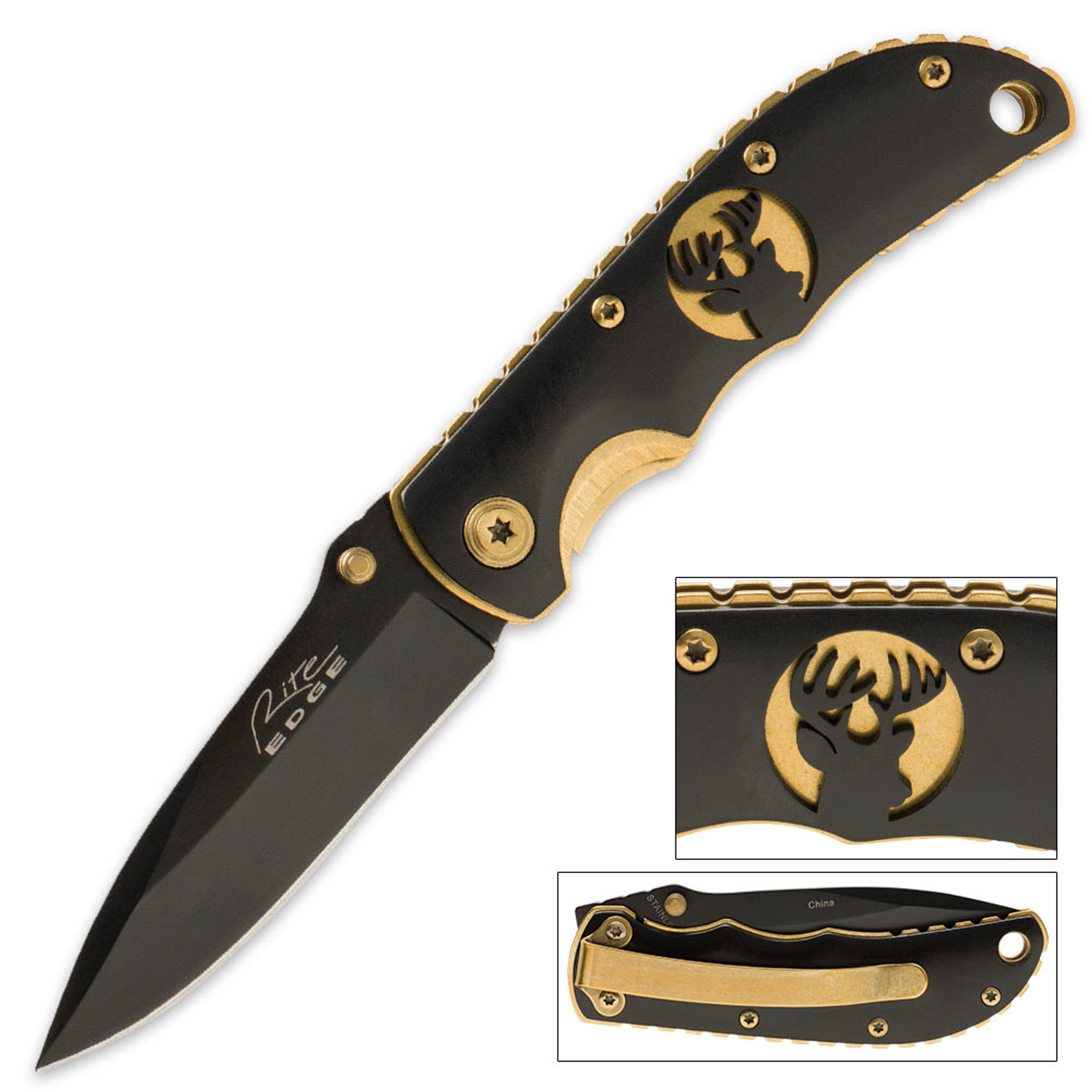 Deer Laser Cut Folding Knife Black & Gold